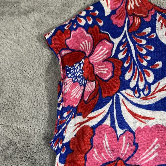 Sigrid Olsen Top Large Floral Linen Knit Lightweight Tee Tropical Pink Red Blue - Picture 3 of 8